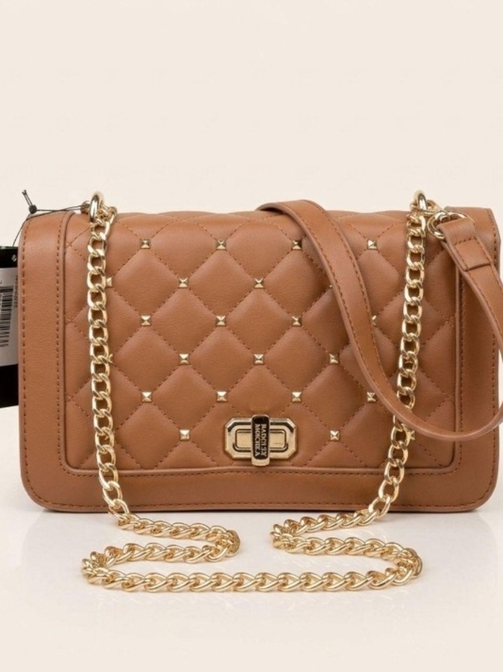 Badgley Mischka Quilted Tan Mini Shoulder Bag with Gold Hardware